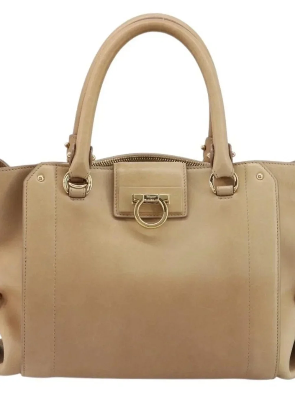 Salvatore Ferragamo Gancini Hand Bag Leather Beige Gold Auth hk2805